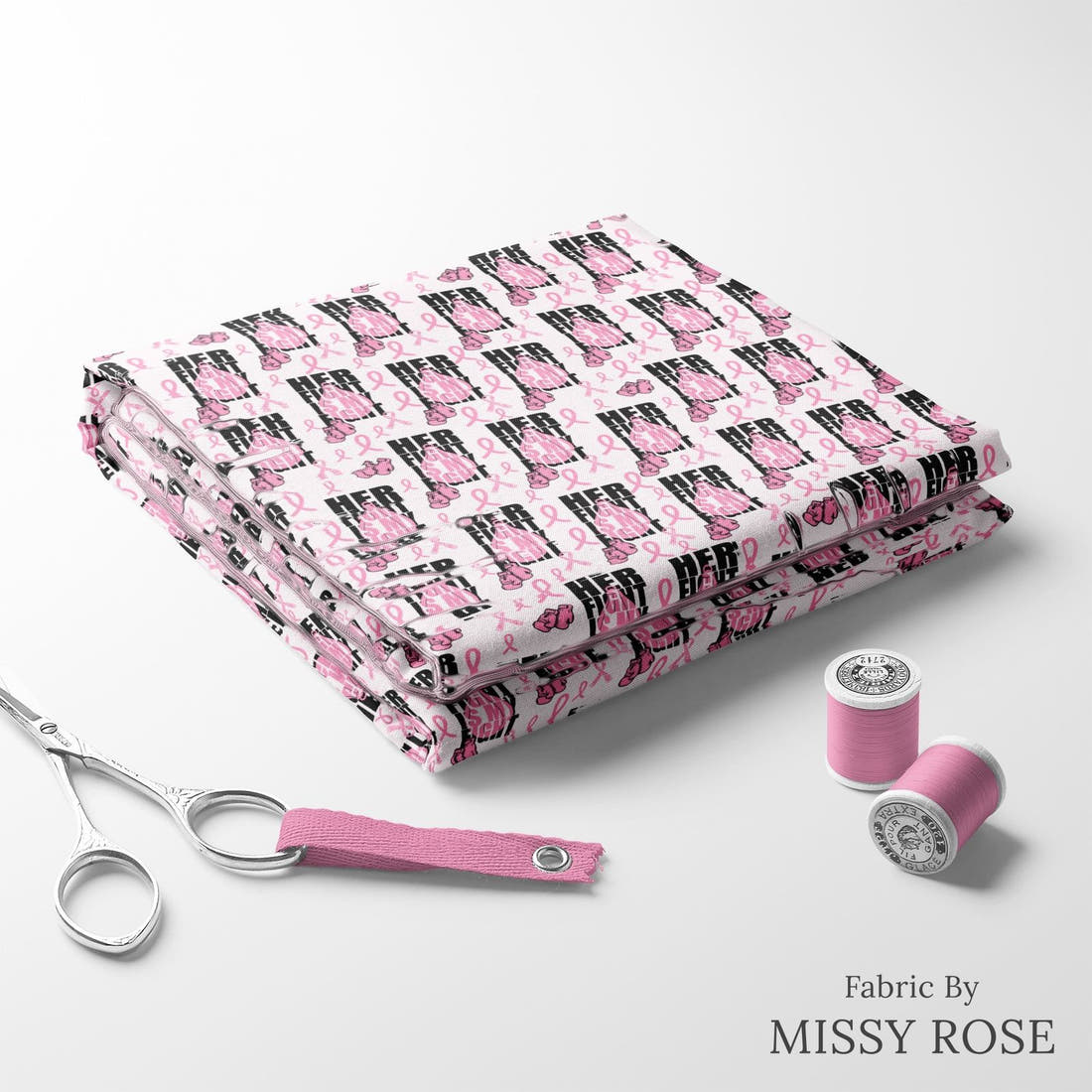 Design 28 Breast Cancer Fabric folded fabric stack with matching thread – pre-order fabric Australia | Fabric by Missy Rose