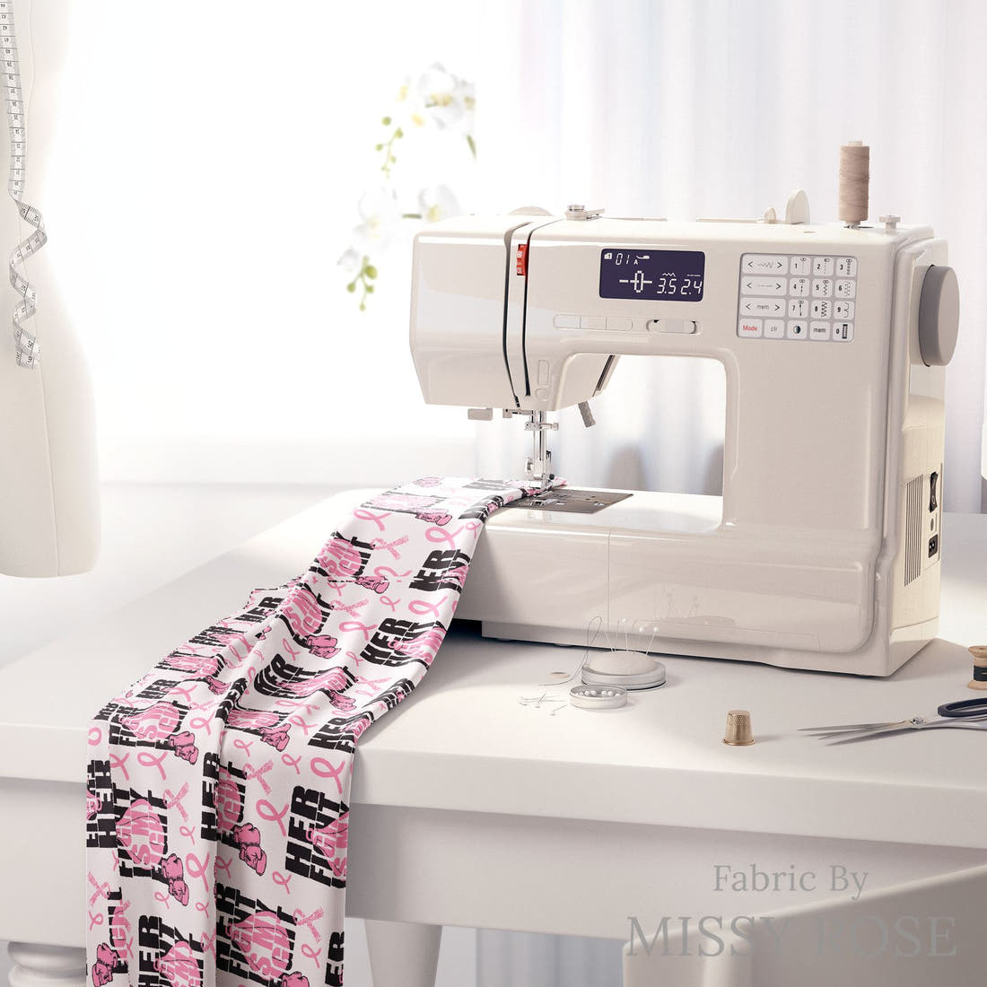 Design 28 Breast Cancer Fabric on a sewing machine – premium fabric for sewing projects | Fabric by Missy Rose