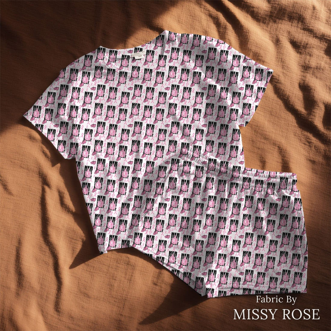 Design 28 Breast Cancer Fabric sewn into a lounge set – see how the print looks made up | Fabric by Missy Rose