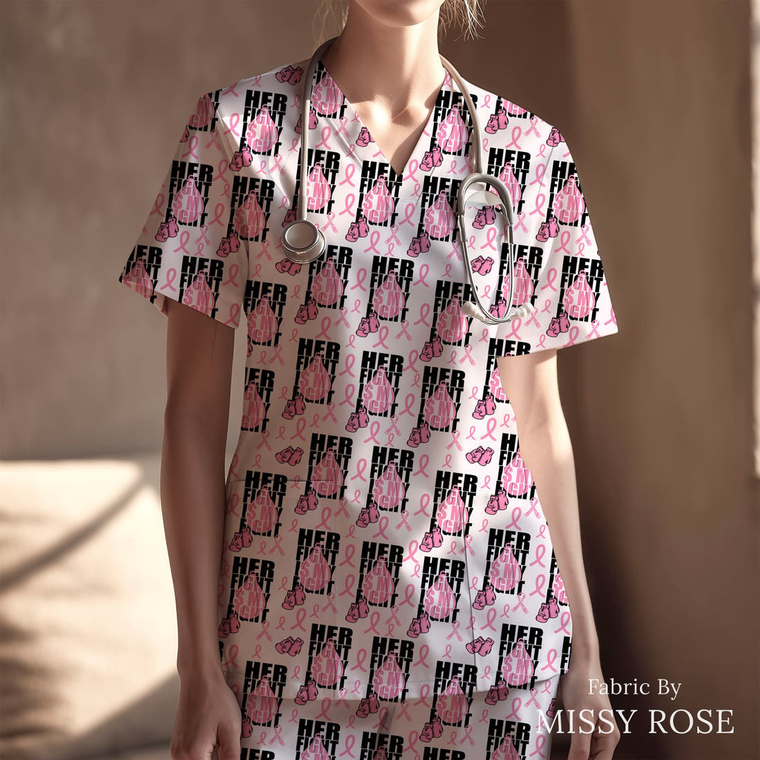 Design 28 Breast Cancer Fabric sewn into a scrubs top – see how the print looks made up | Fabric by Missy Rose