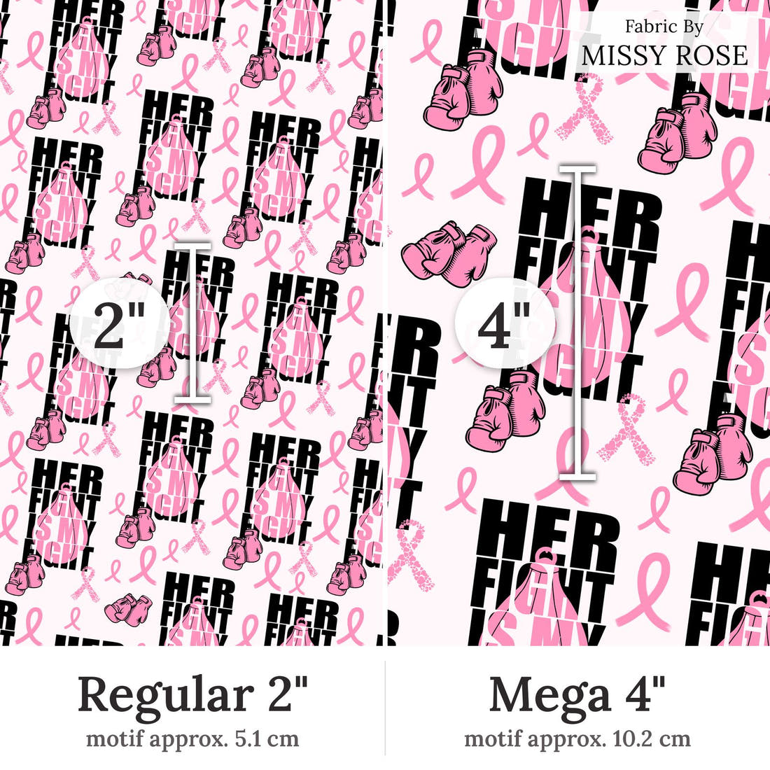Design 28 Breast Cancer Fabric Regular 2 inch vs Mega 4 inch print scale side by side | Fabric by Missy Rose