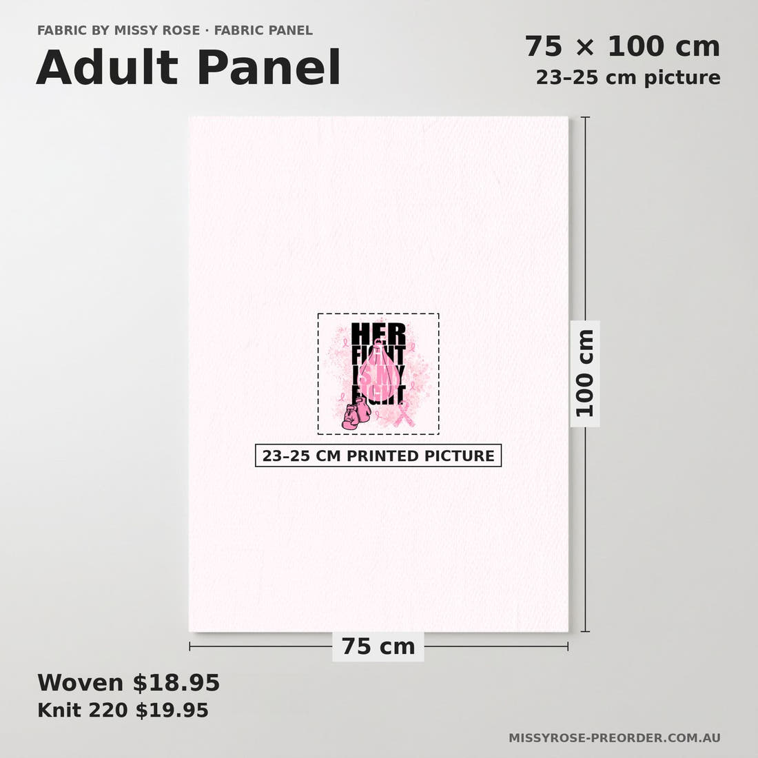 Design 28 Breast Cancer Panel adult panel sizing – 23–25 cm printed picture on 75 × 100 cm fabric | Fabric by Missy Rose