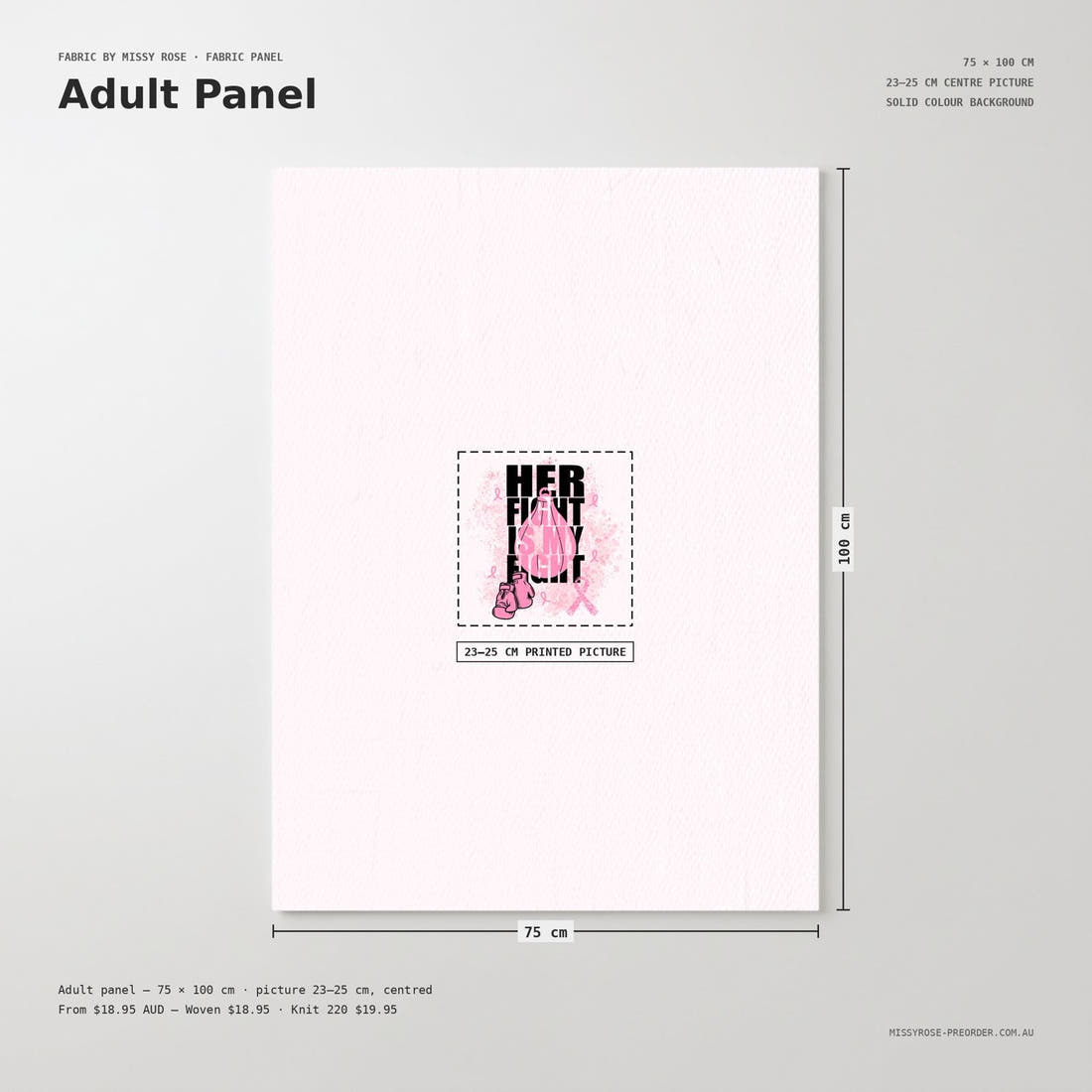 Design 28 Breast Cancer Panel adult panel sizing – 23–25 cm printed picture on a larger panel | Fabric by Missy Rose