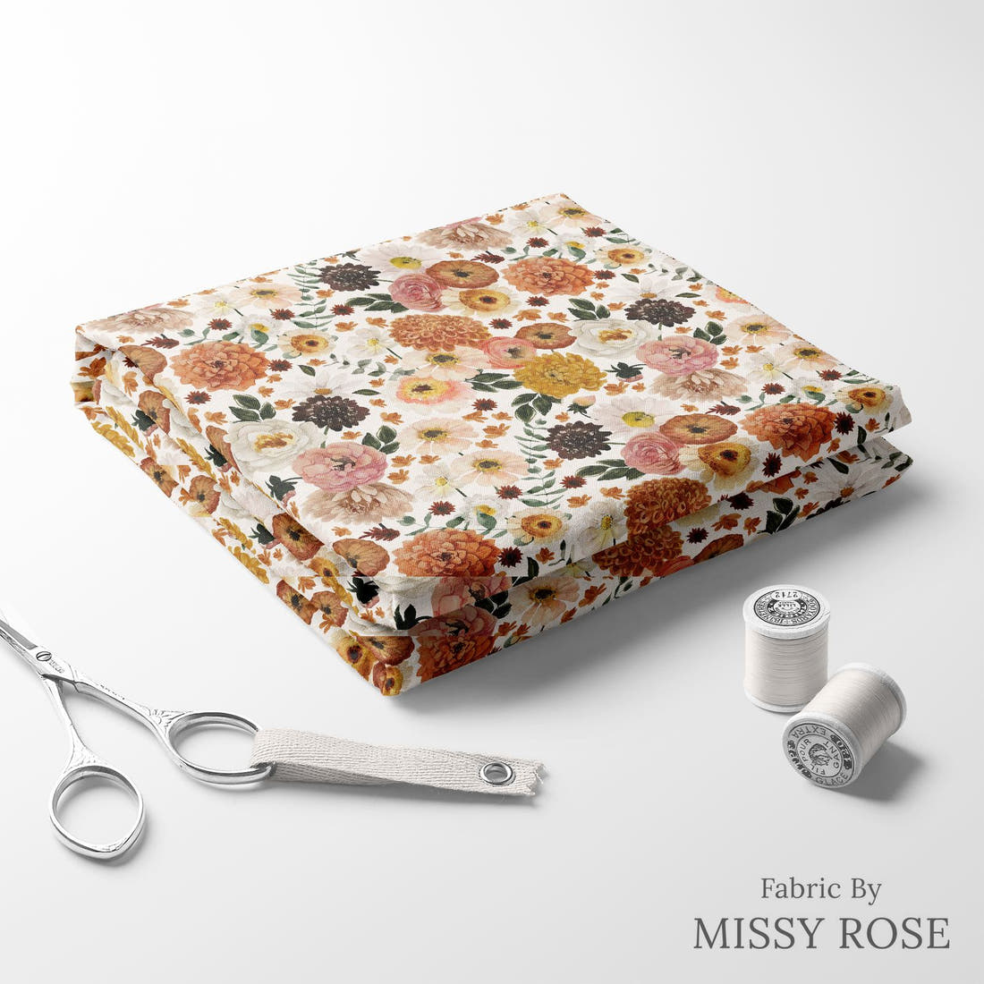 Design 280 Boho Floral Fabric folded fabric stack with matching thread – pre-order fabric Australia | Fabric by Missy Rose
