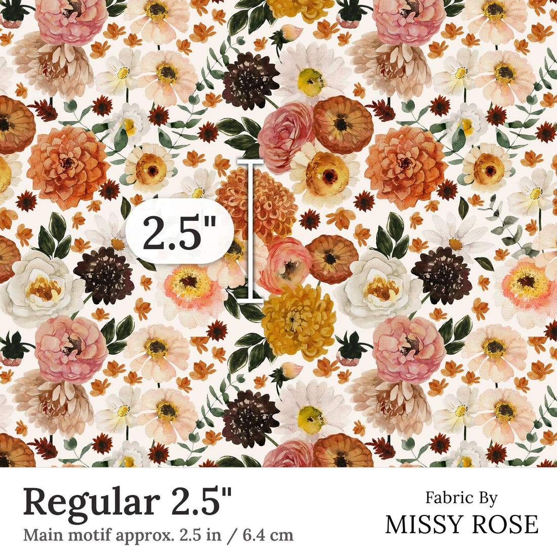 Design 280 Boho Floral Fabric Regular 2.5 inch print scale guide | Fabric by Missy Rose
