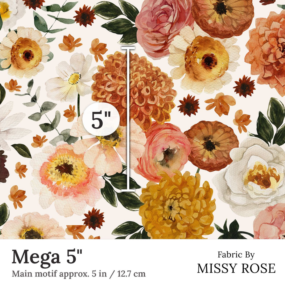 Design 280 Boho Floral Fabric Mega 5 inch print scale guide | Fabric by Missy Rose