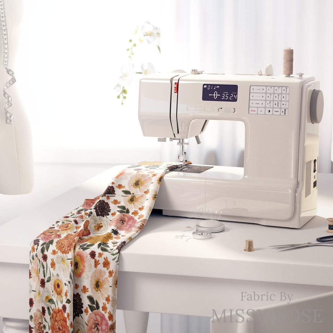 Design 280 Boho Floral Fabric on a sewing machine – premium fabric for sewing projects | Fabric by Missy Rose