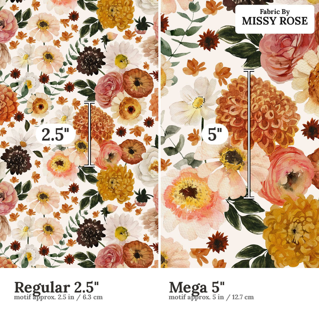 Design 280 Boho Floral Fabric size comparison - print scale | Fabric by Missy Rose