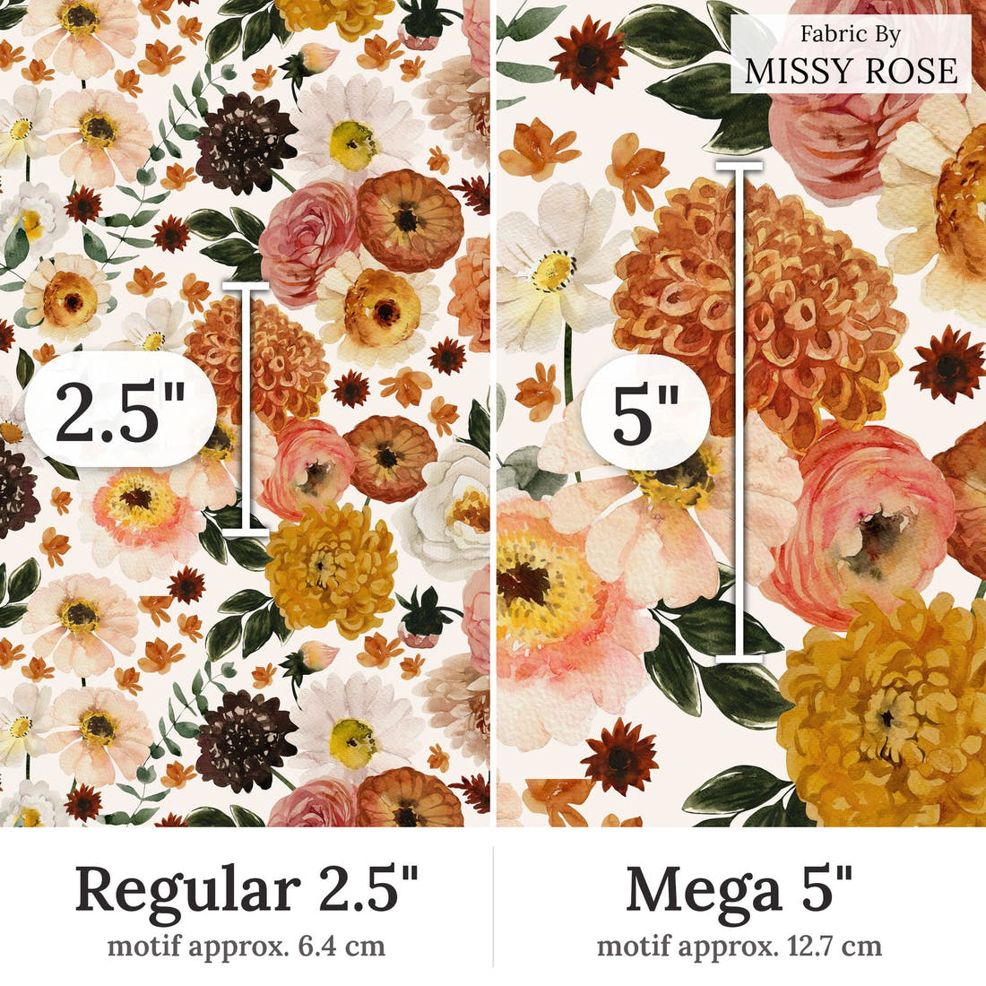 Design 280 Boho Floral Fabric Regular 2.5 inch vs Mega 5 inch print scale side by side | Fabric by Missy Rose