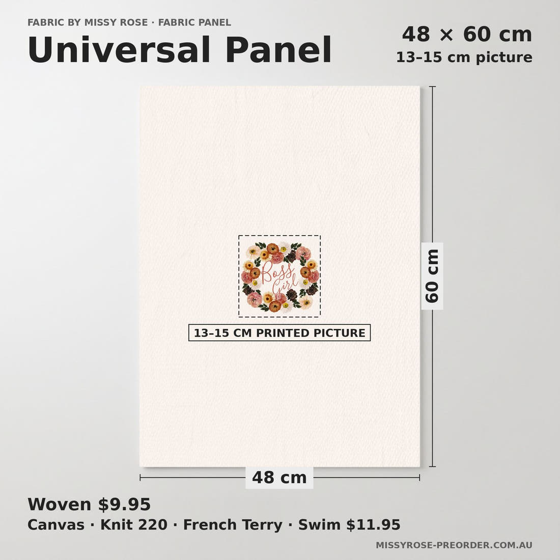 Design 280 Boho Floral Panel universal panel sizing – 13–15 cm printed picture on 48 × 60 cm fabric | Fabric by Missy Rose