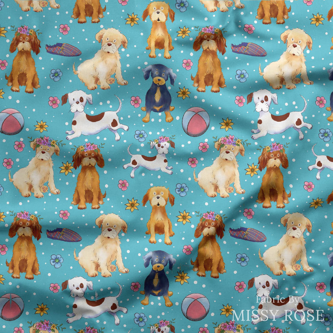 Design 281 Dogs Fabric draped fabric mockup – custom printed fabric by the metre | Fabric by Missy Rose