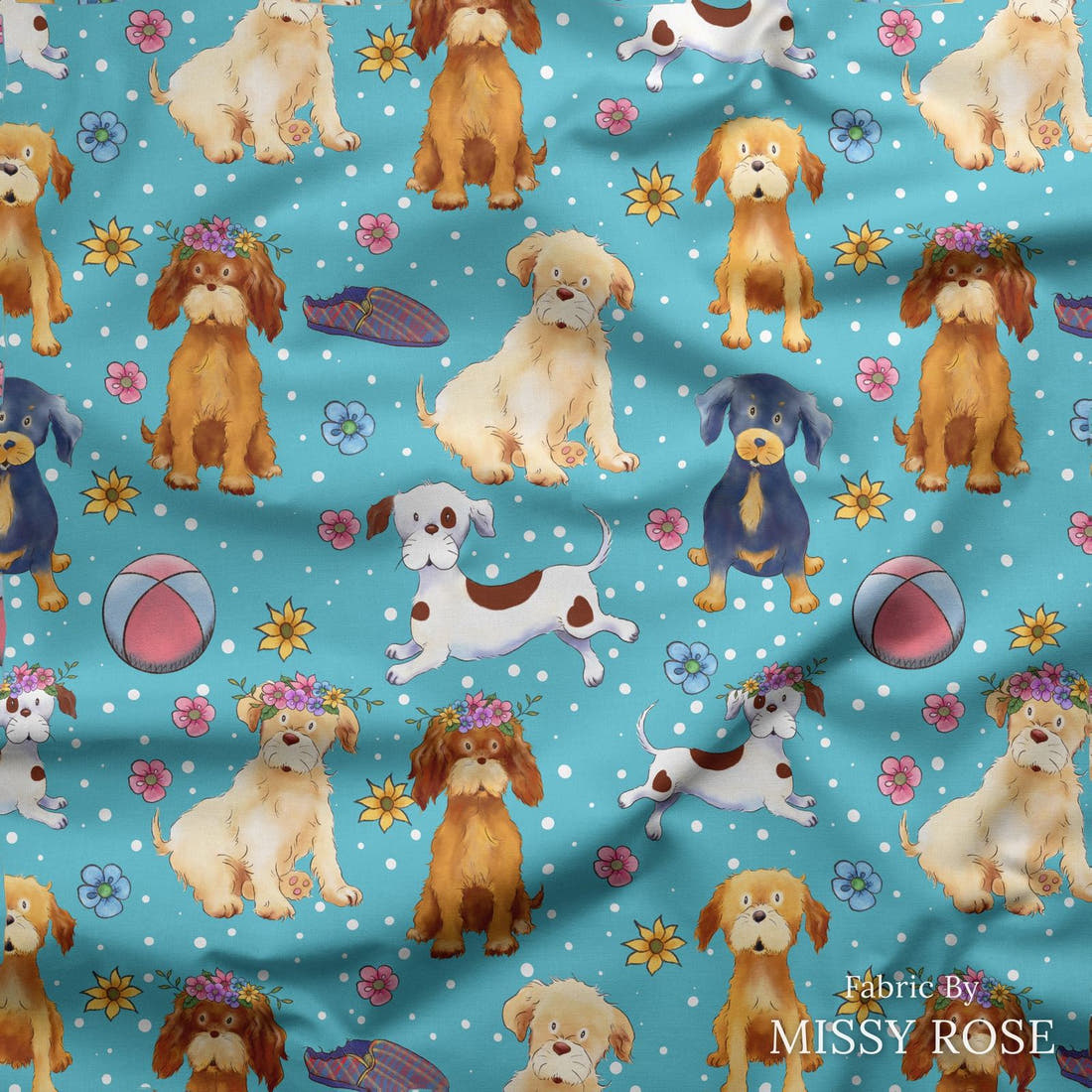Design 281 Dogs Fabric draped fabric mockup – custom printed fabric by the metre | Fabric by Missy Rose