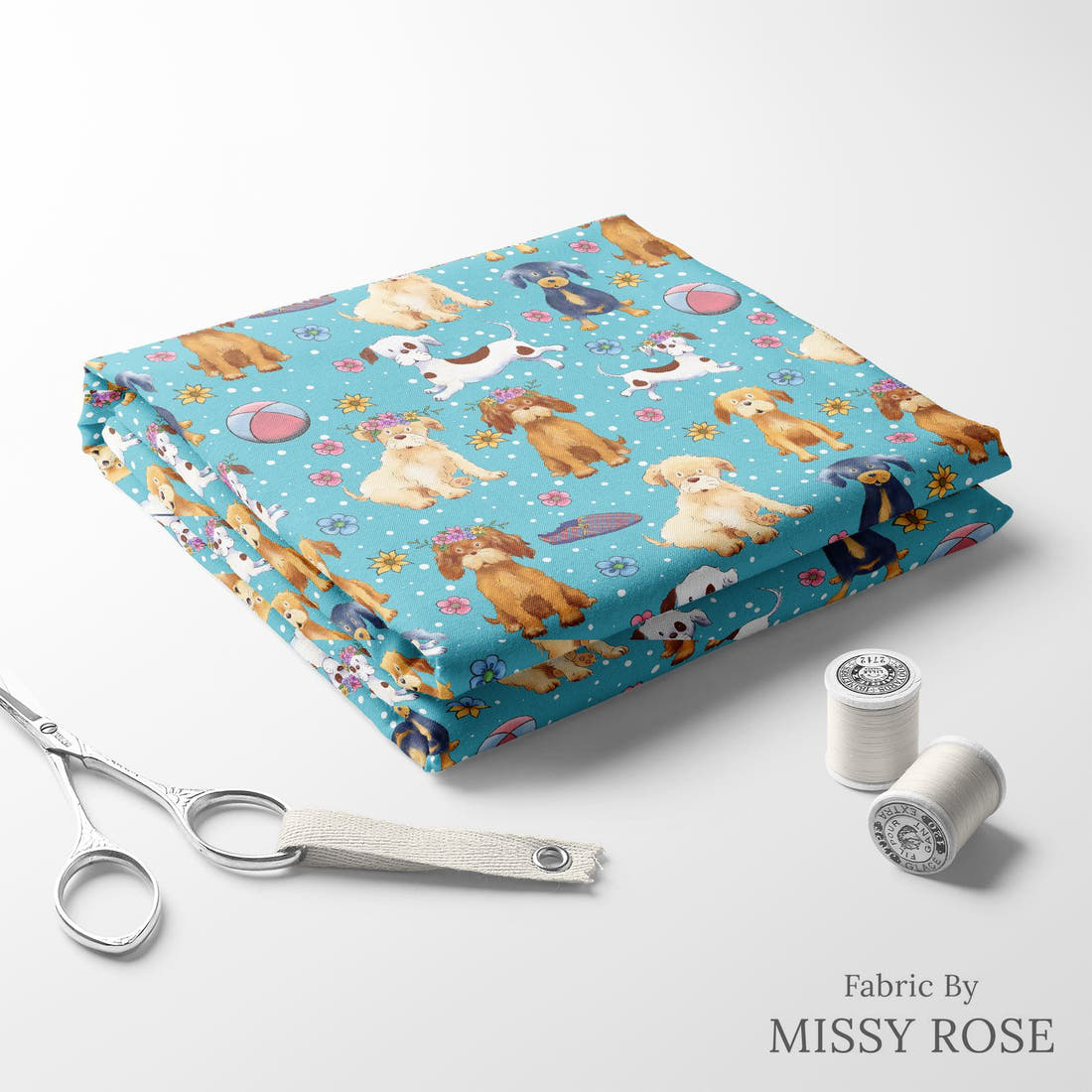 Design 281 Dogs Fabric folded fabric stack with matching thread – pre-order fabric Australia | Fabric by Missy Rose