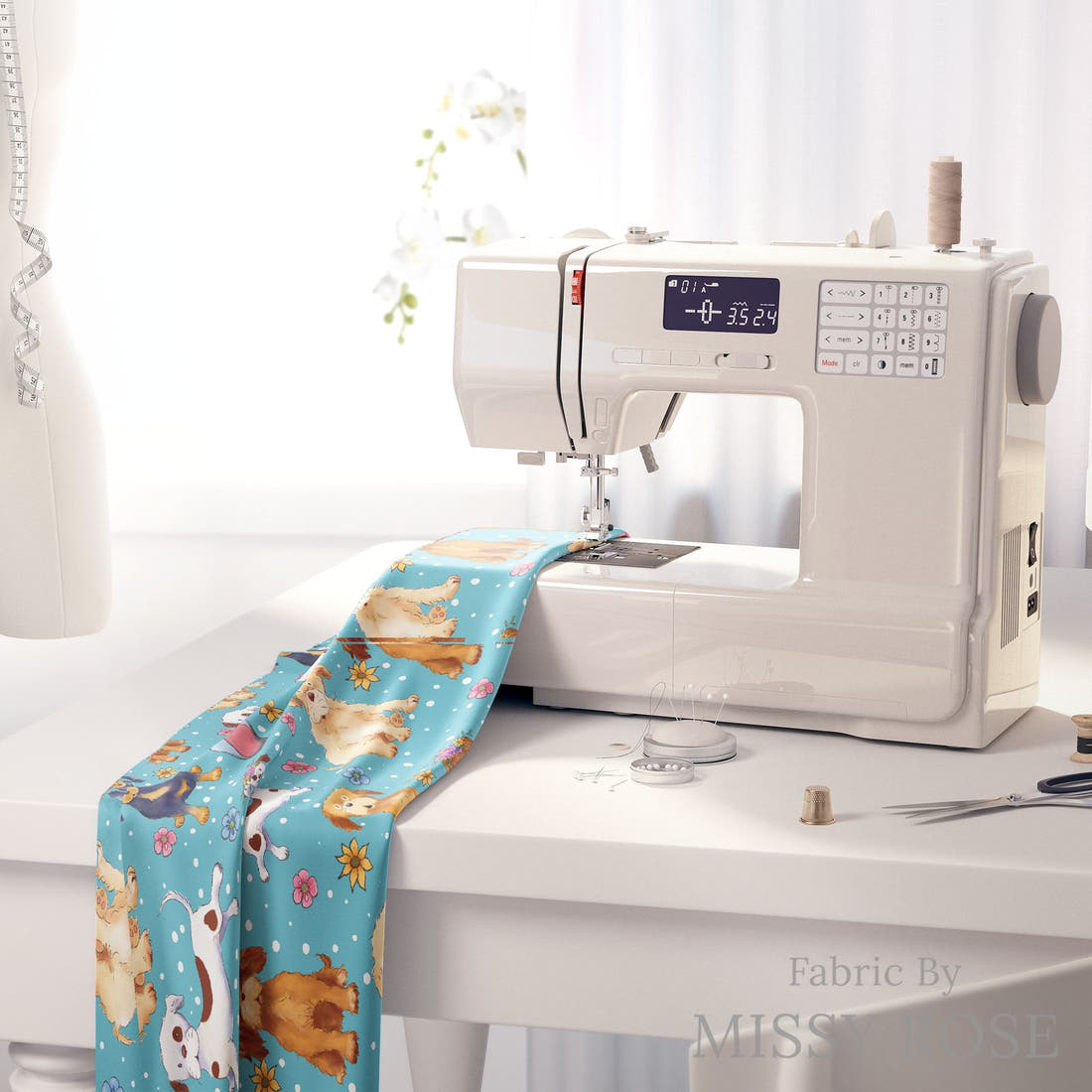 Design 281 Dogs Fabric on a sewing machine – premium fabric for sewing projects | Fabric by Missy Rose