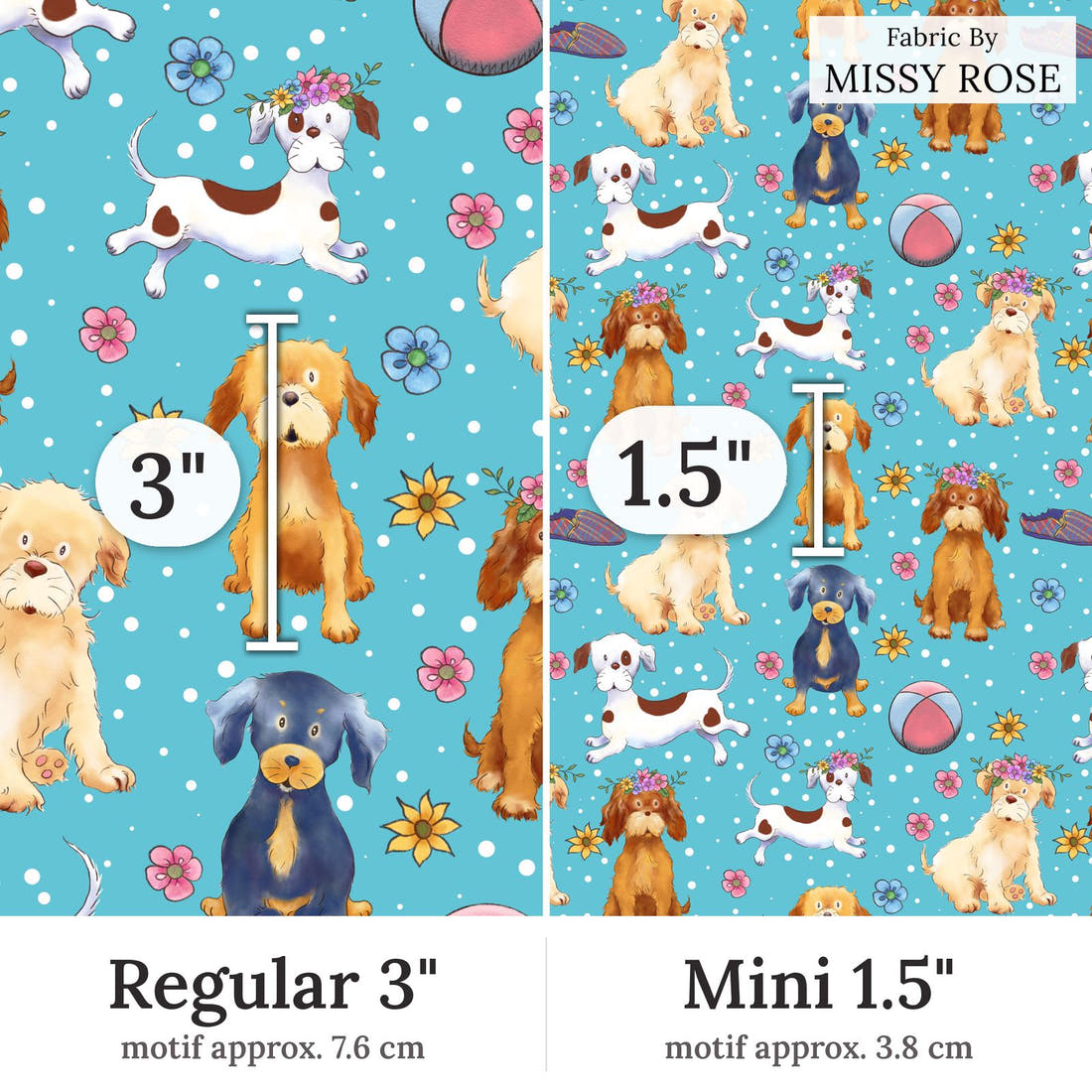 Design 281 Dogs Fabric Regular 3 inch vs Mini 1.5 inch print scale side by side | Fabric by Missy Rose