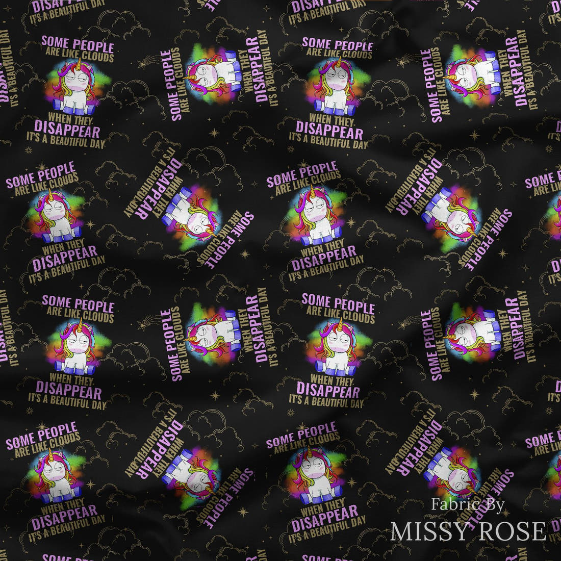 Design 282 Funny Unicorn Fabric draped fabric mockup – custom printed fabric by the metre | Fabric by Missy Rose