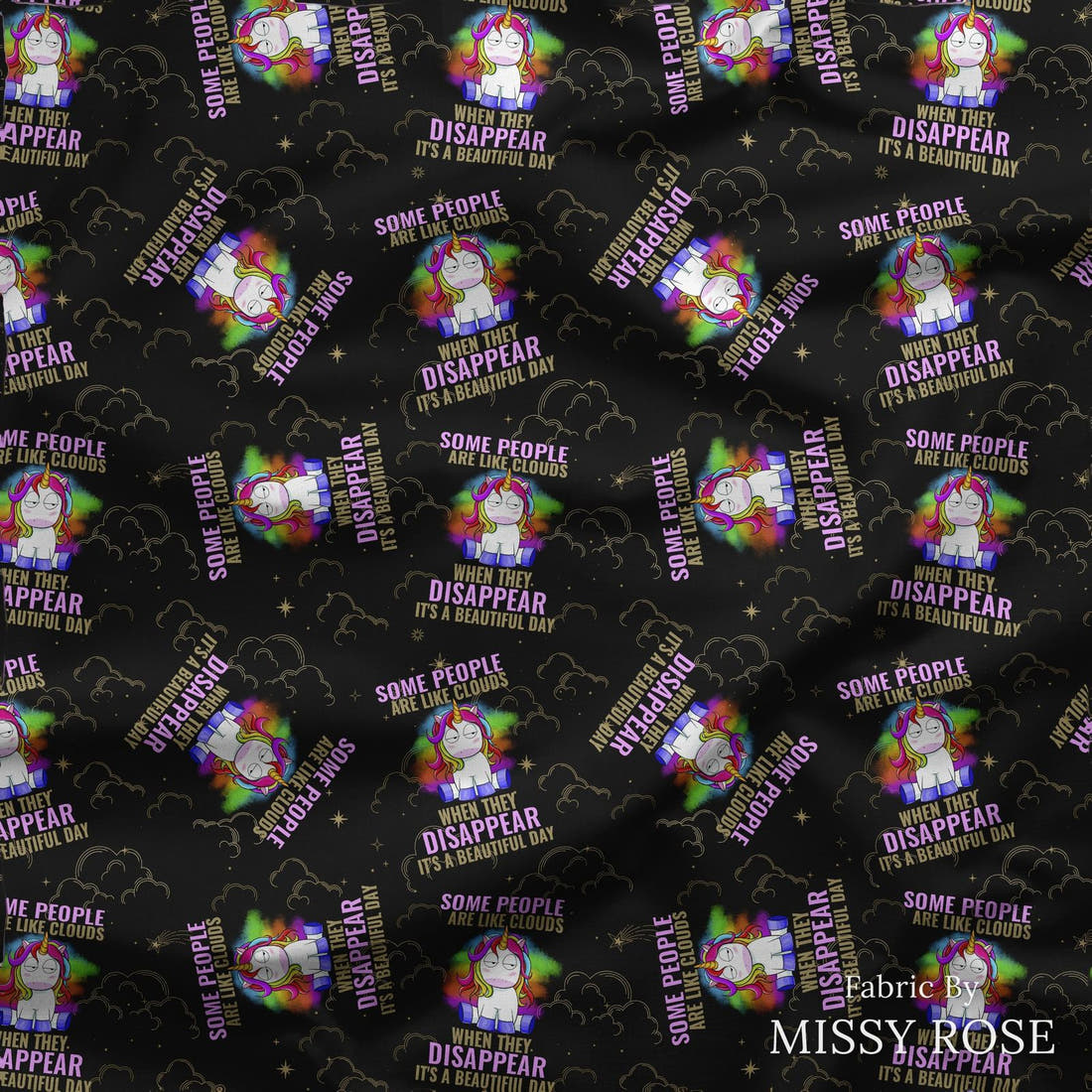 Design 282 Funny Unicorn Fabric draped fabric mockup – custom printed fabric by the metre | Fabric by Missy Rose