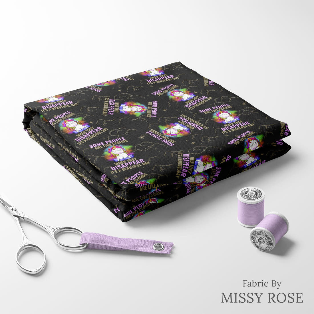 Design 282 Funny Unicorn Fabric folded fabric stack with matching thread – pre-order fabric Australia | Fabric by Missy Rose