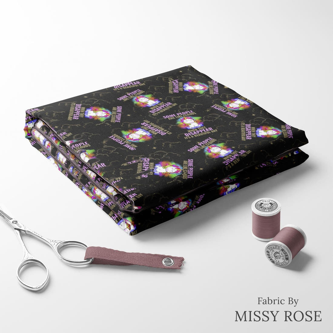Design 282 Funny Unicorn Fabric folded fabric stack with matching thread – pre-order fabric Australia | Fabric by Missy Rose