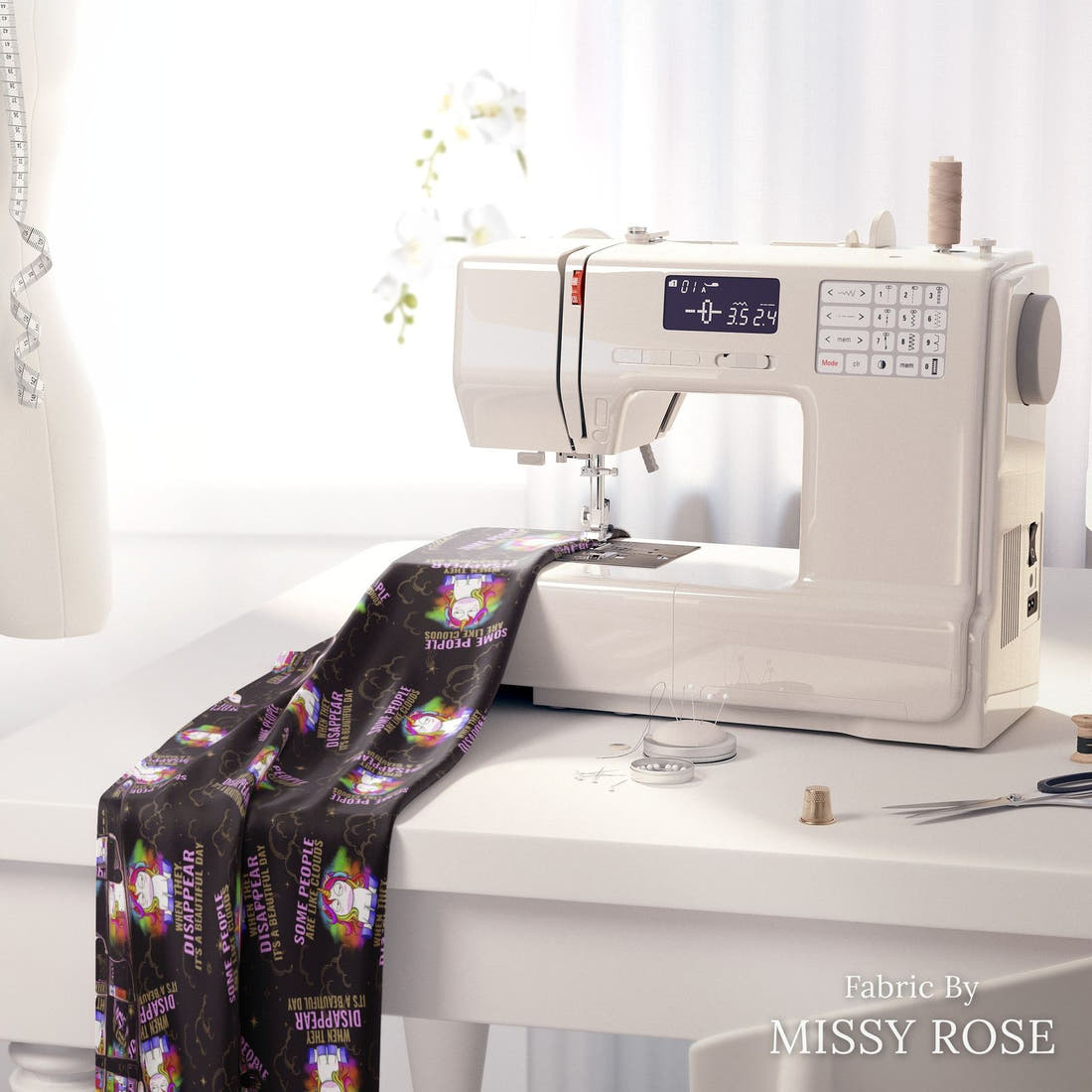 Design 282 Funny Unicorn Fabric on a sewing machine – premium fabric for sewing projects | Fabric by Missy Rose