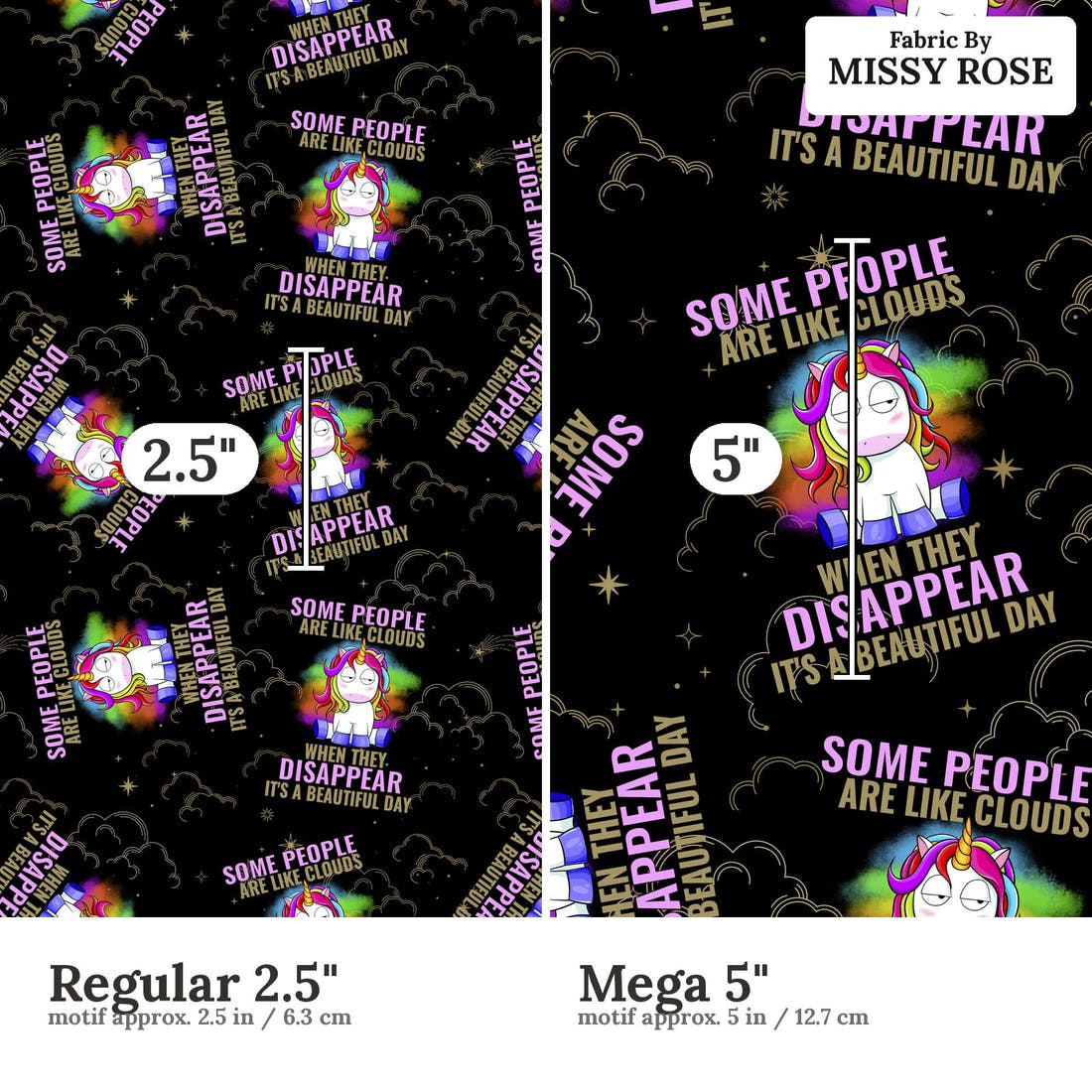 Design 282 Funny Unicorn Fabric size comparison - print scale | Fabric by Missy Rose