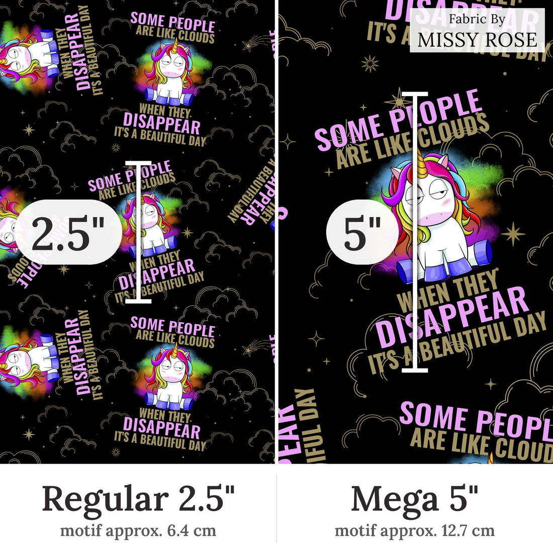 Design 282 Funny Unicorn Fabric Regular 2.5 inch vs Mega 5 inch print scale side by side | Fabric by Missy Rose