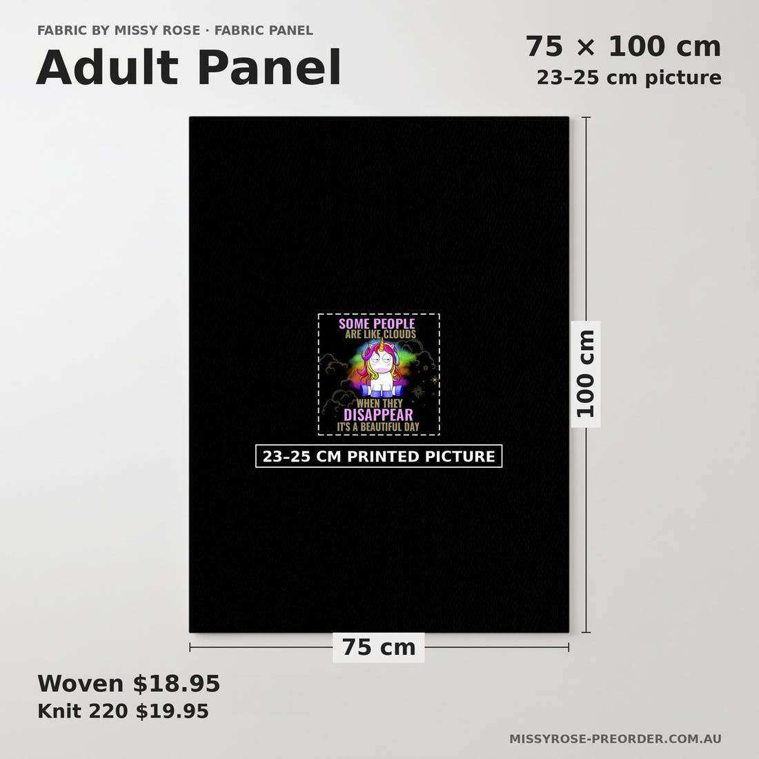 Design 282 Funny Unicorn Panel adult panel sizing – 23–25 cm printed picture on 75 × 100 cm fabric | Fabric by Missy Rose