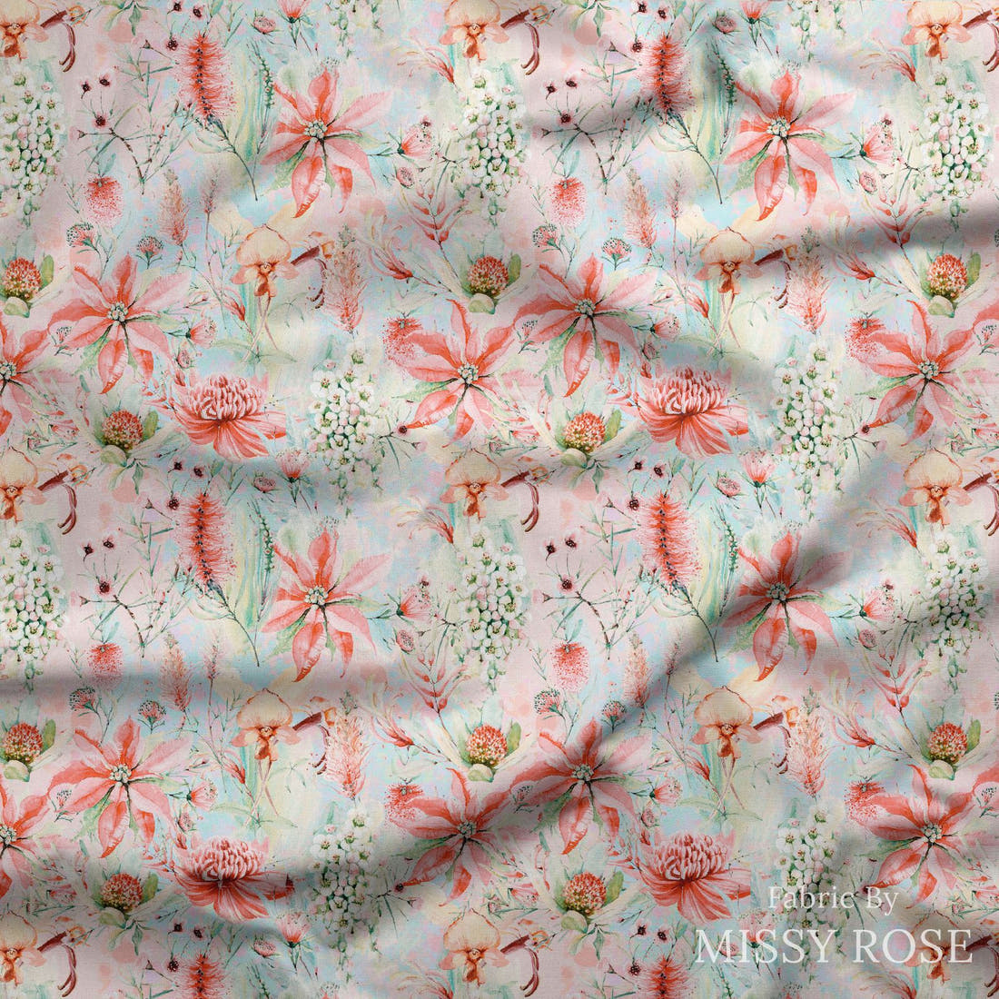 Design 283 Soft Floral Fabric draped fabric mockup – custom printed fabric by the metre | Fabric by Missy Rose