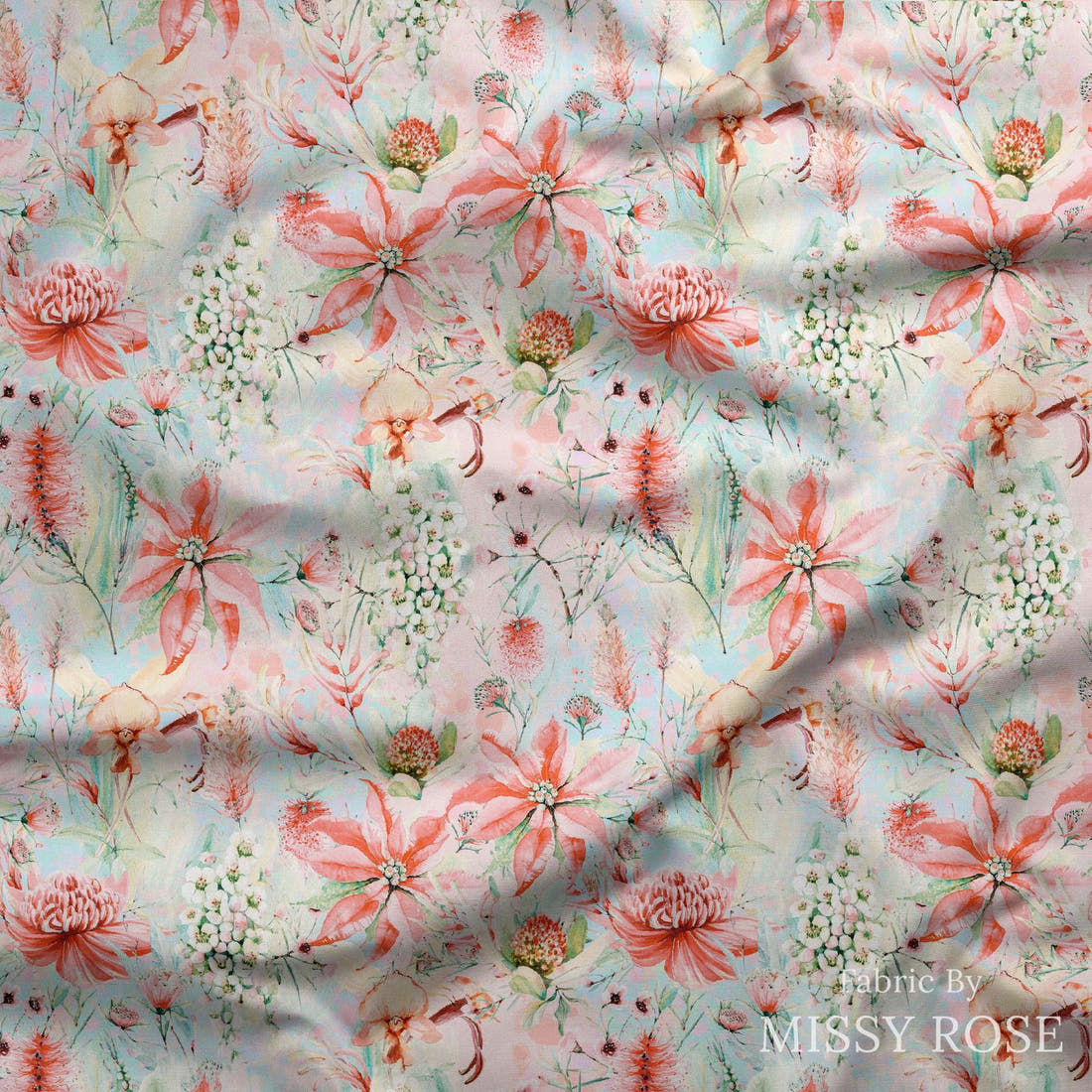 Design 283 Soft Floral Fabric draped fabric mockup – custom printed fabric by the metre | Fabric by Missy Rose