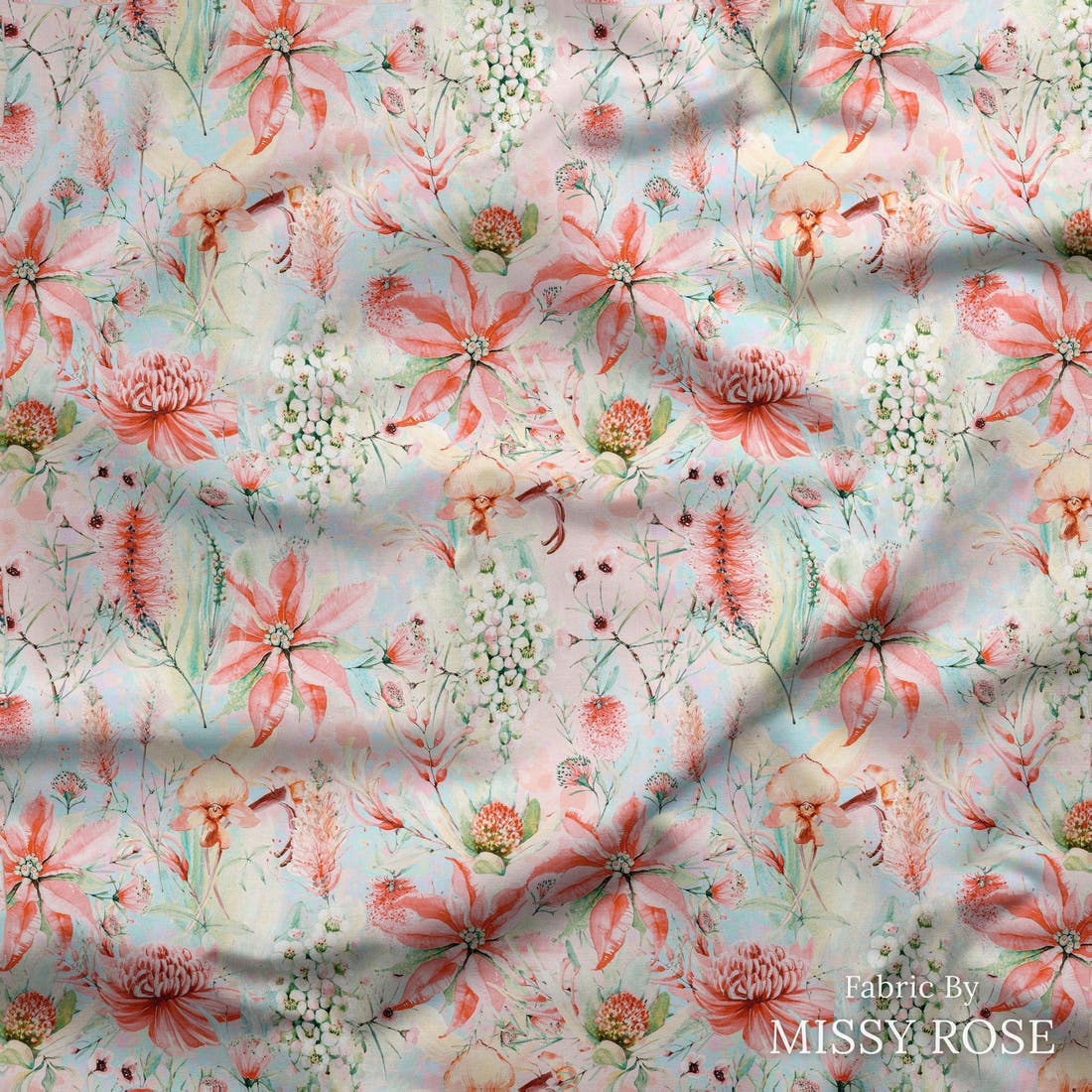 Design 283 Soft Floral Fabric draped fabric mockup – custom printed fabric by the metre | Fabric by Missy Rose