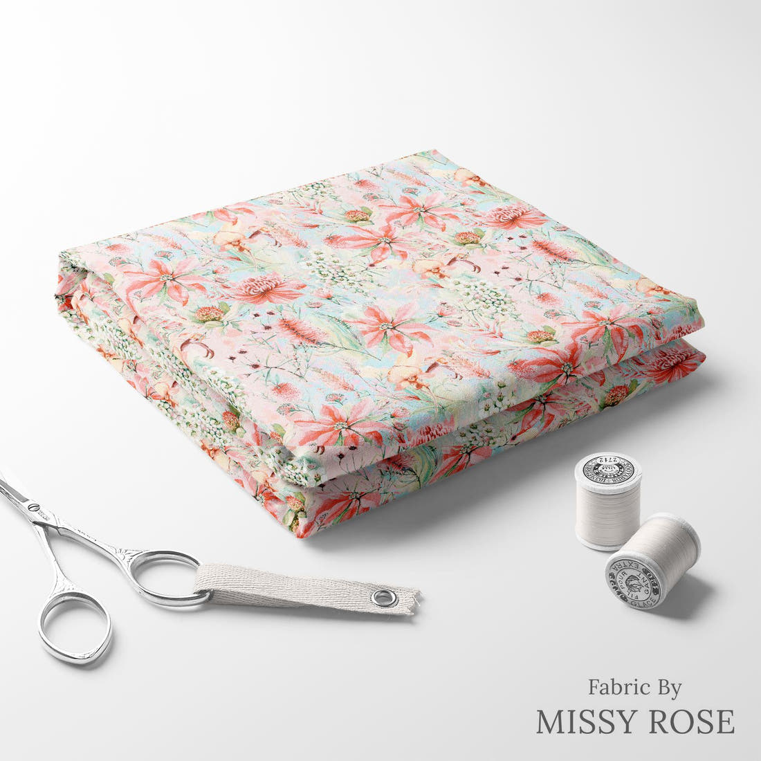 Design 283 Soft Floral Fabric folded fabric stack with matching thread – pre-order fabric Australia | Fabric by Missy Rose