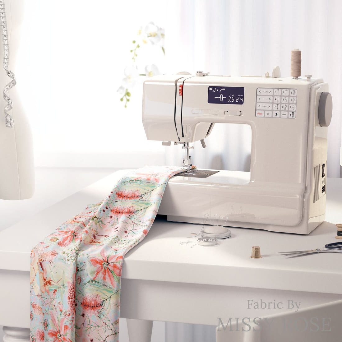 Design 283 Soft Floral Fabric on a sewing machine – premium fabric for sewing projects | Fabric by Missy Rose