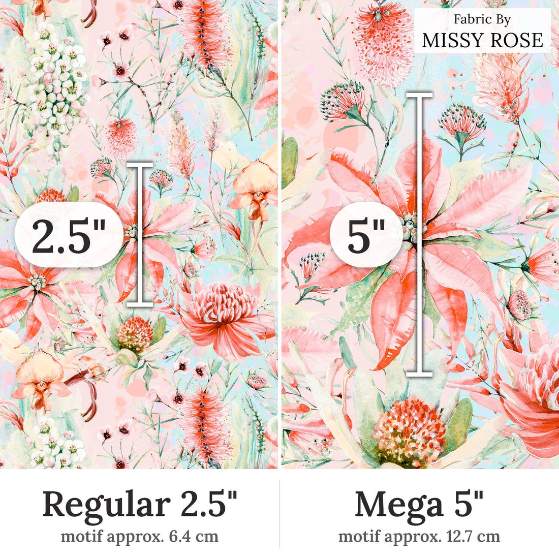Design 283 Soft Floral Fabric Regular 2.5 inch vs Mega 5 inch print scale side by side | Fabric by Missy Rose