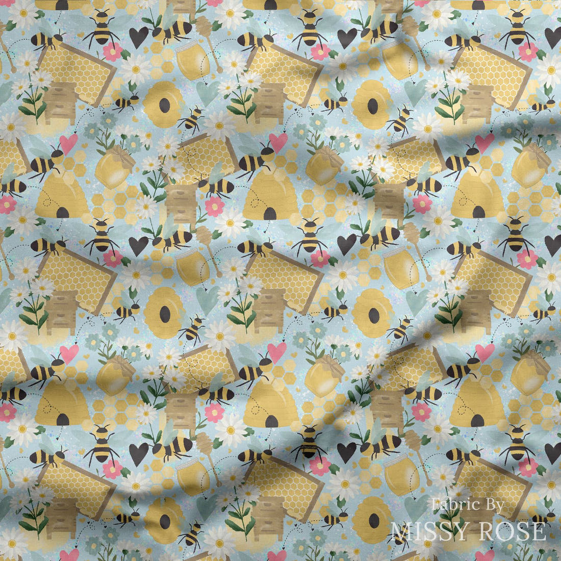 Design 284 Blue Bee Fabric draped fabric mockup – custom printed fabric by the metre | Fabric by Missy Rose