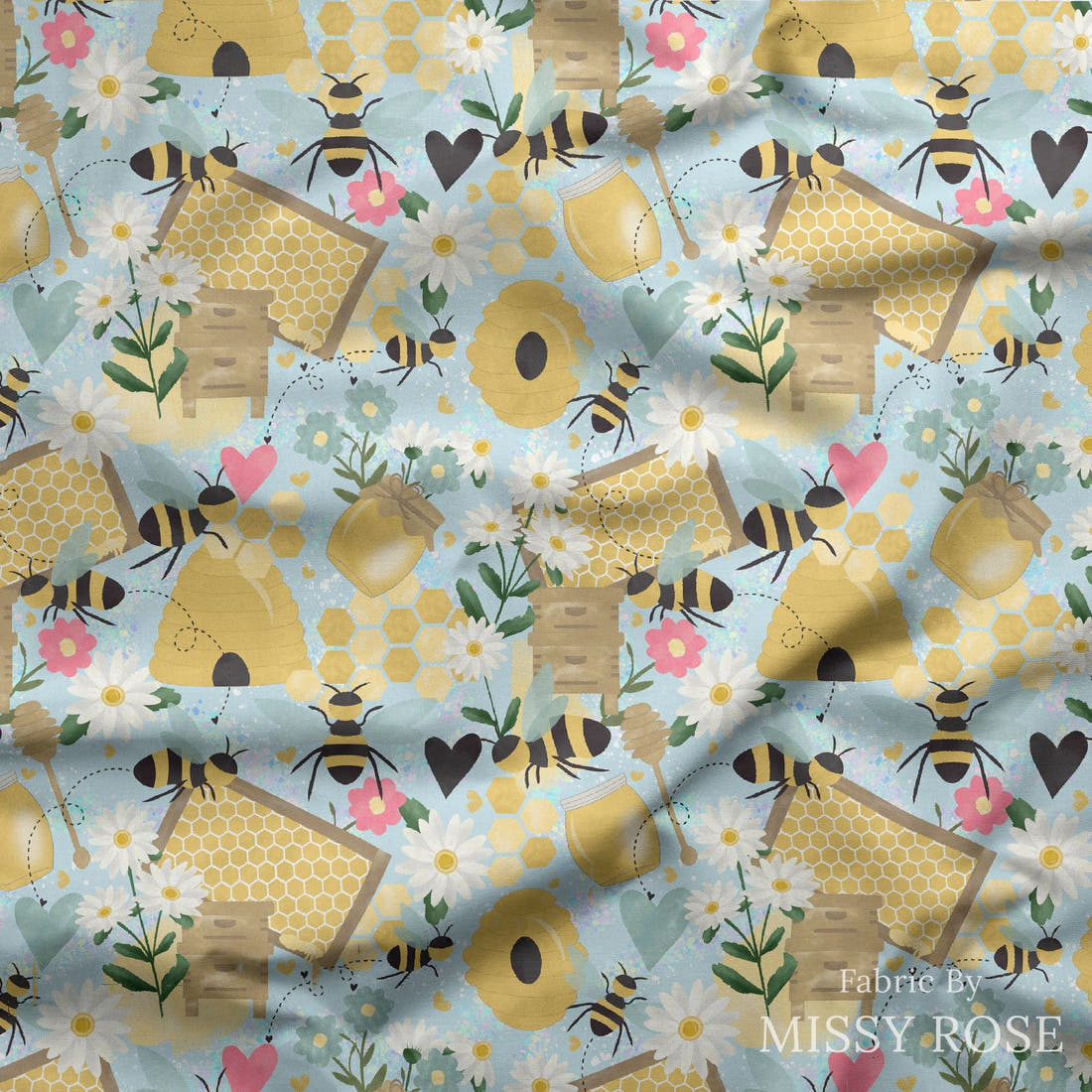 Design 284 Blue Bee Fabric draped fabric mockup – custom printed fabric by the metre | Fabric by Missy Rose