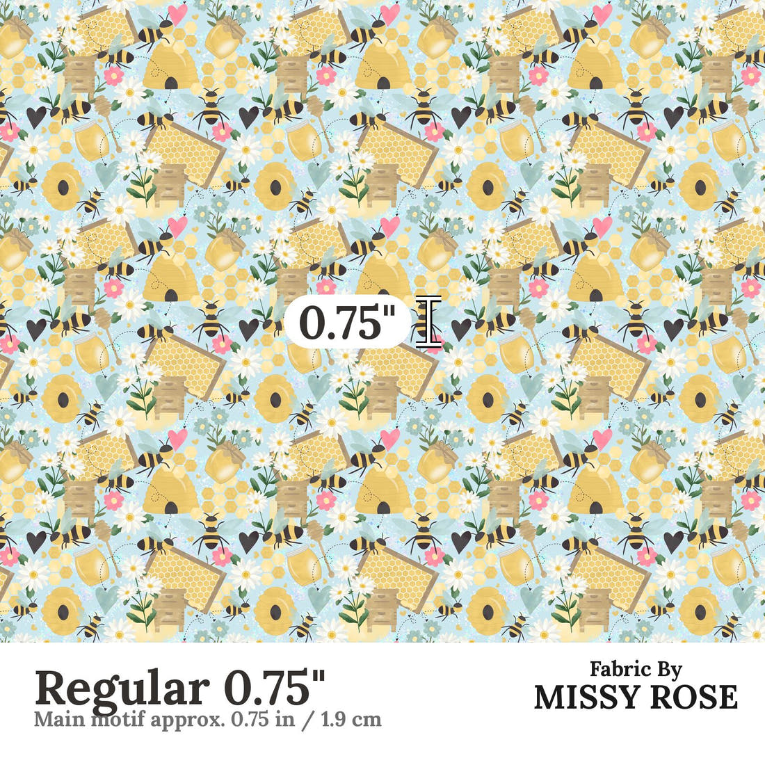 Design 284 Blue Bee Fabric Regular 0.75" - print scale | Fabric by Missy Rose