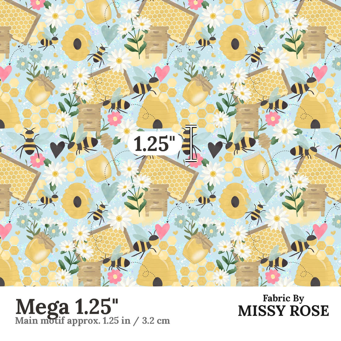 Design 284 Blue Bee Fabric Mega 1.25" - print scale | Fabric by Missy Rose