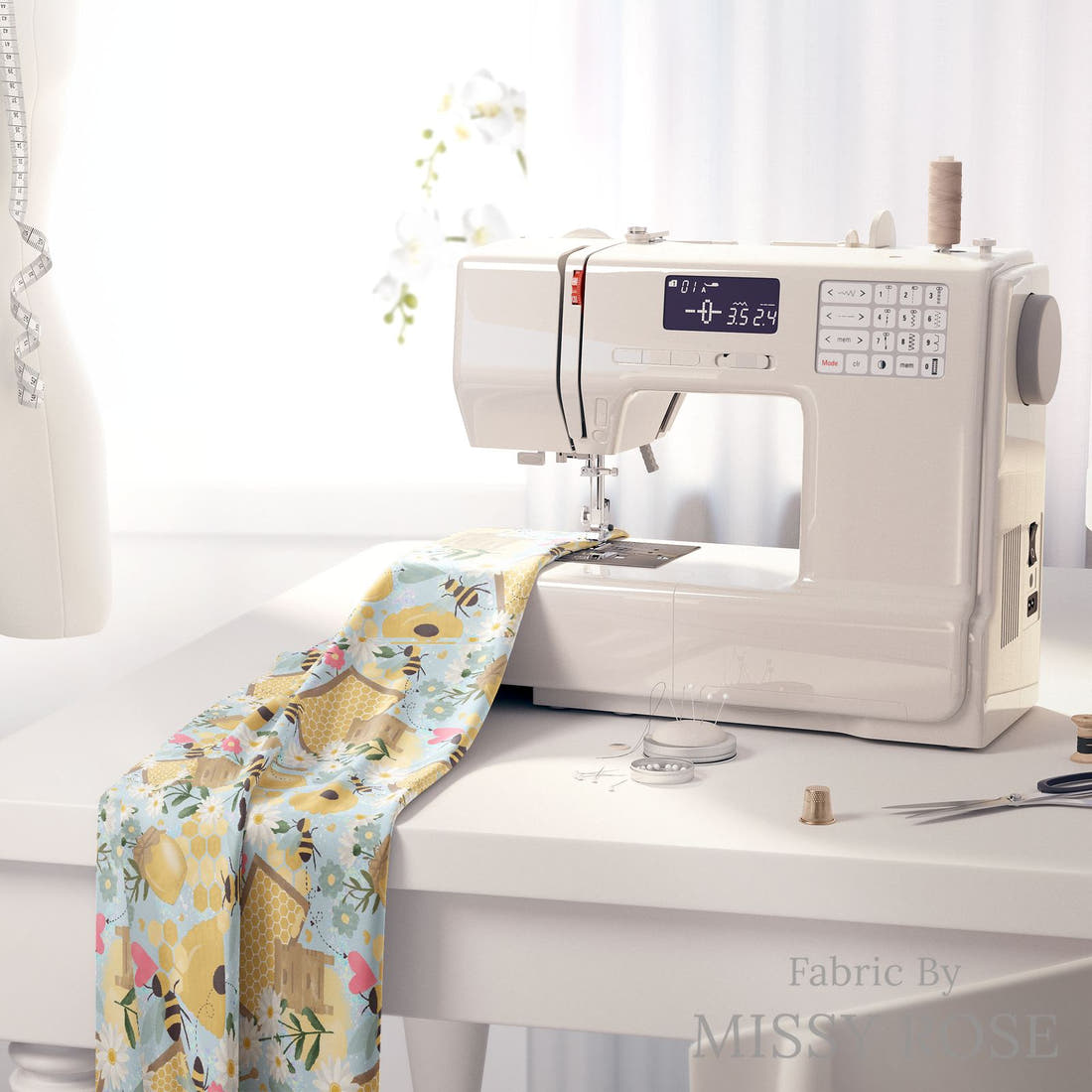 Design 284 Blue Bee Fabric on a sewing machine – premium fabric for sewing projects | Fabric by Missy Rose