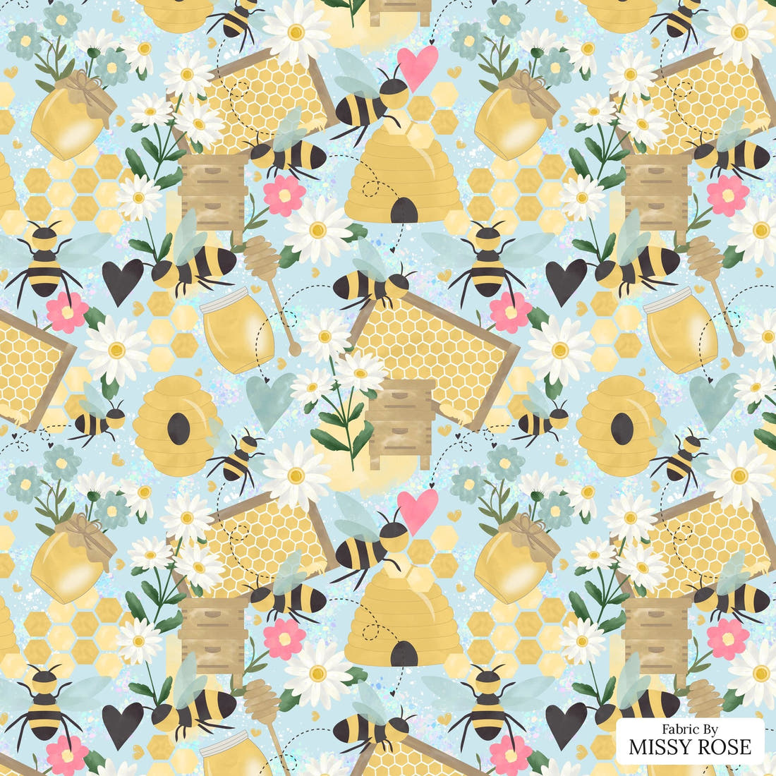 Design 284 Blue Bee Fabric - flat view of the print, zoom in for detail | Fabric by Missy Rose