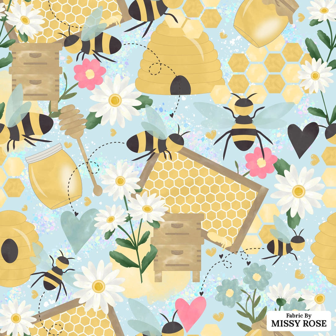 Design 284 Blue Bee Fabric - flat view of the print, zoom in for detail | Fabric by Missy Rose