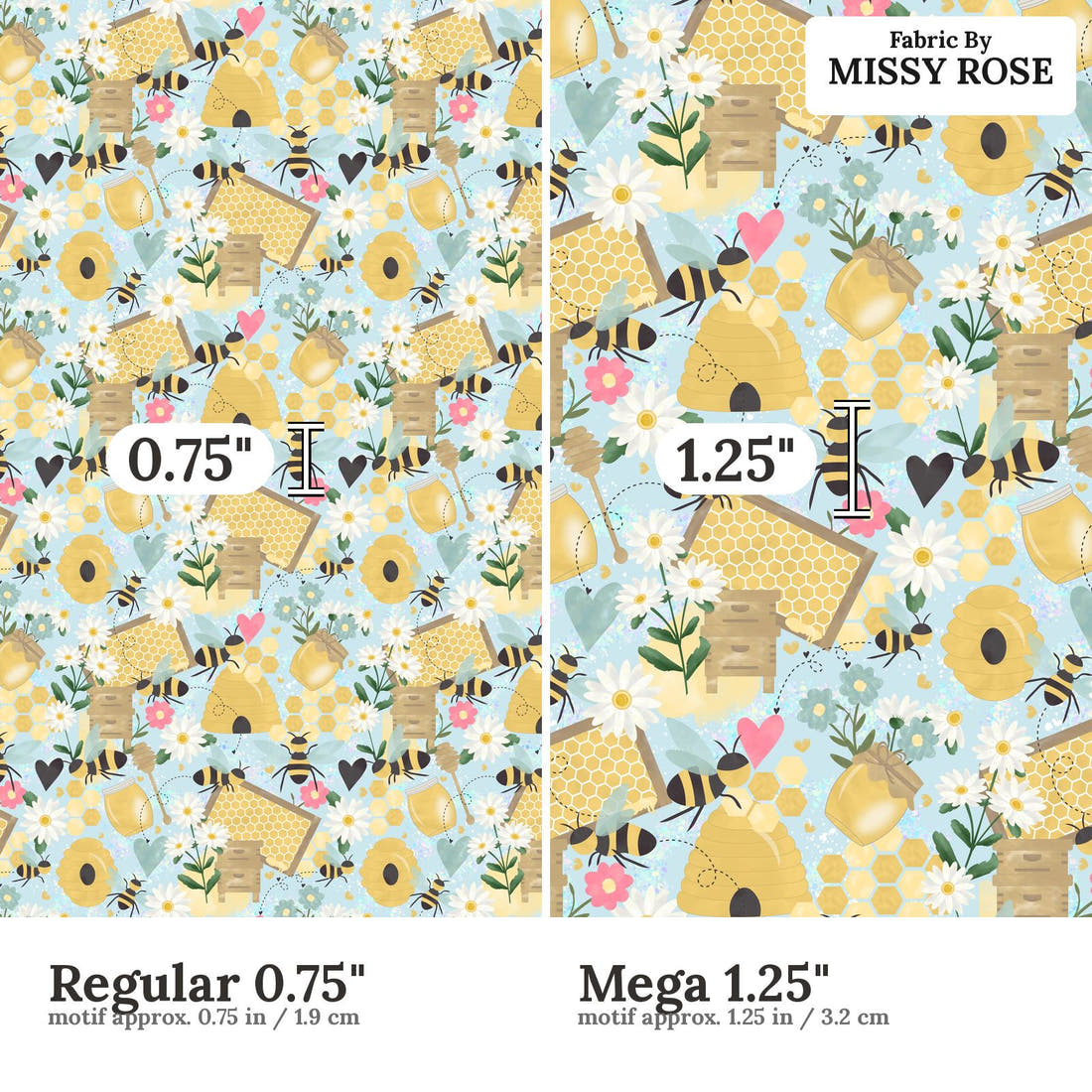 Design 284 Blue Bee Fabric size comparison - print scale | Fabric by Missy Rose