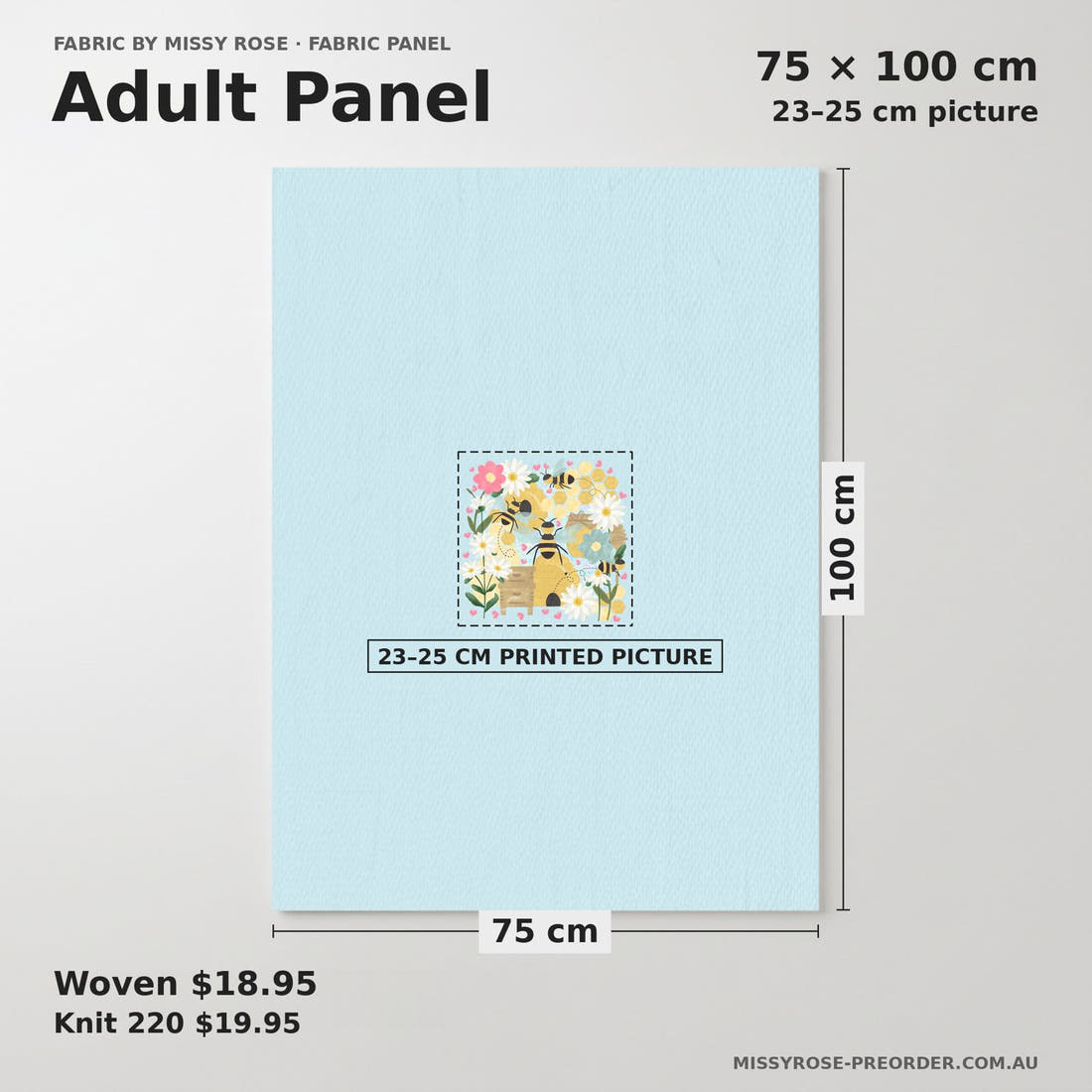 Design 284 Blue Bee Panel adult panel sizing – 23–25 cm printed picture on 75 × 100 cm fabric | Fabric by Missy Rose