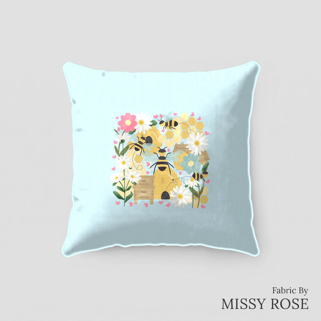 Design 284 Blue Bee Panel sewn into a cushion – see how the panel looks made up | Fabric by Missy Rose