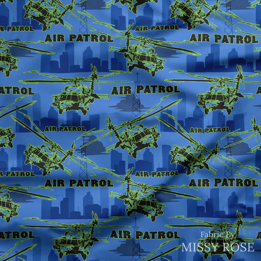 Design 285 Air Patrol Fabric draped fabric mockup – custom printed fabric by the metre | Fabric by Missy Rose