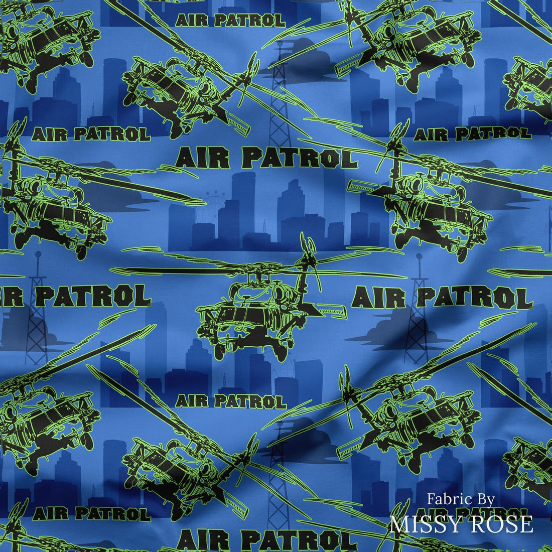 Design 285 Air Patrol Fabric draped fabric mockup – custom printed fabric by the metre | Fabric by Missy Rose