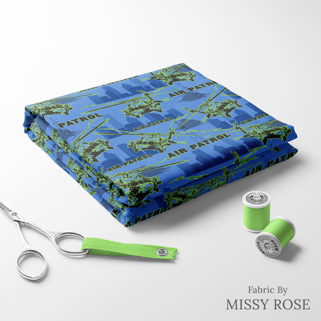 Design 285 Air Patrol Fabric folded fabric stack with matching thread – pre-order fabric Australia | Fabric by Missy Rose