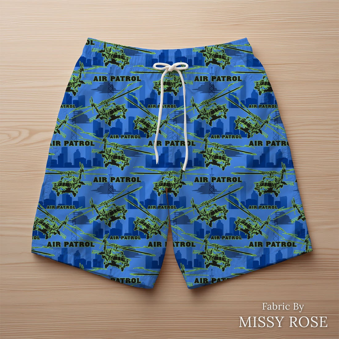 Design 285 Air Patrol Fabric sewn into swim shorts – see how the print looks made up | Fabric by Missy Rose