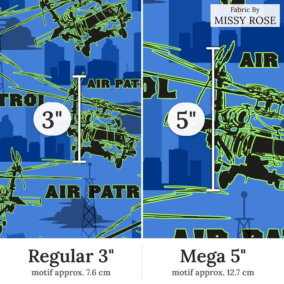 Design 285 Air Patrol Fabric Regular 3 inch vs Mega 5 inch print scale side by side | Fabric by Missy Rose