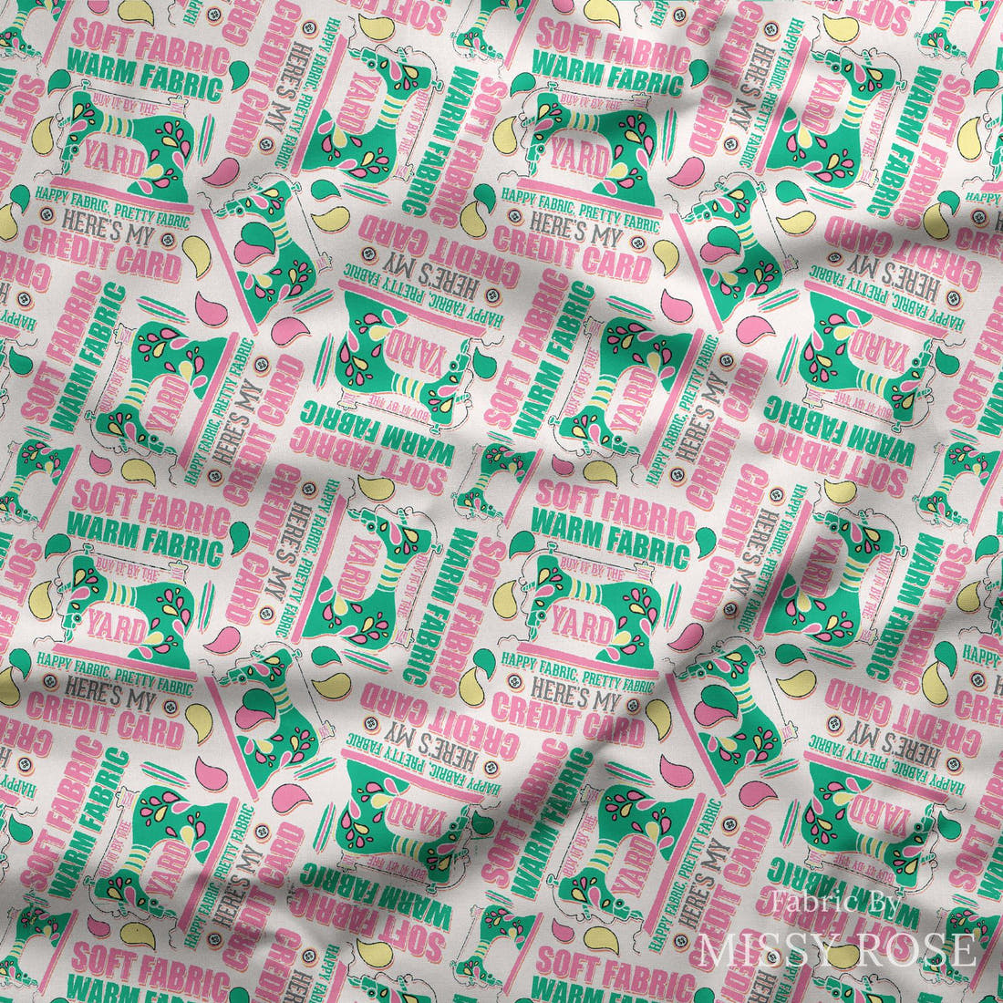 Design 286 Funny Sewing Fabric draped fabric mockup – custom printed fabric by the metre | Fabric by Missy Rose