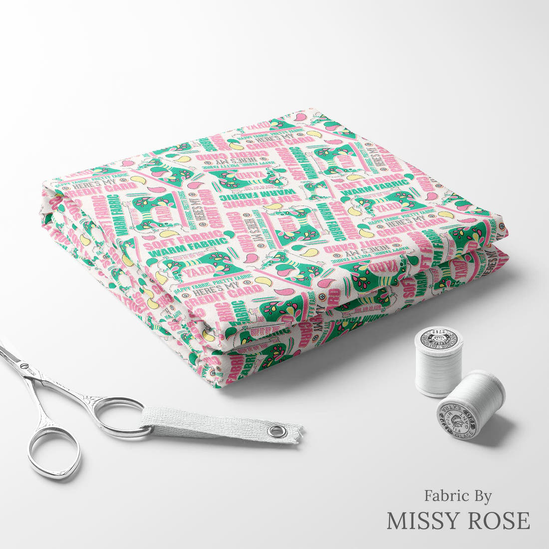 Design 286 Funny Sewing Fabric folded fabric stack with matching thread – pre-order fabric Australia | Fabric by Missy Rose